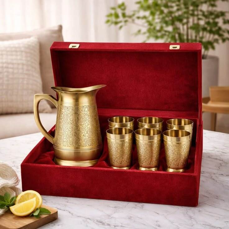 Brass Jug Glases Gift Set - Color: Golden