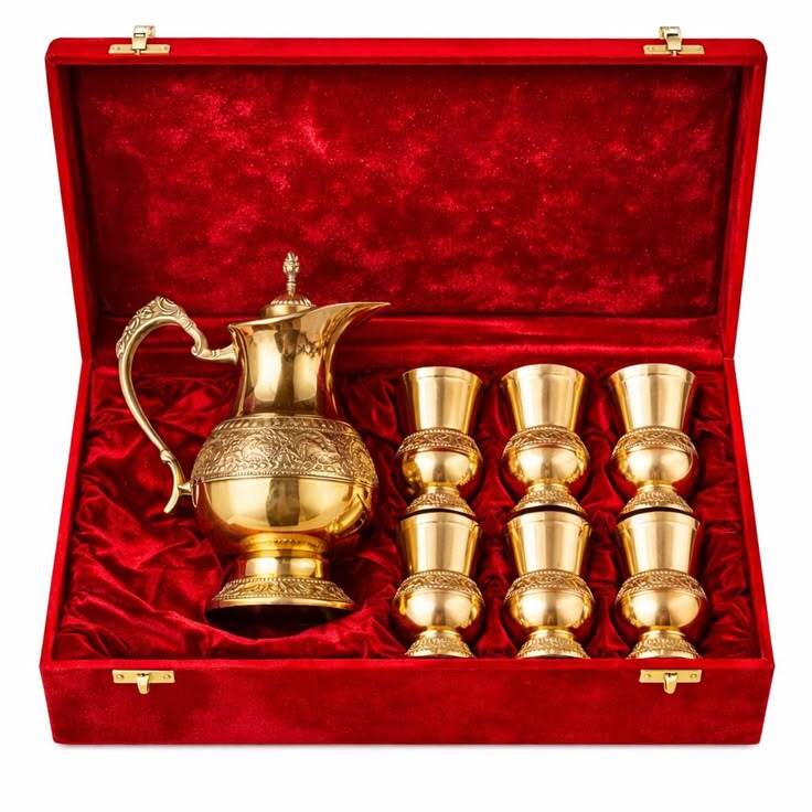 Brass Jug Glases Gift Set - Color: Golden