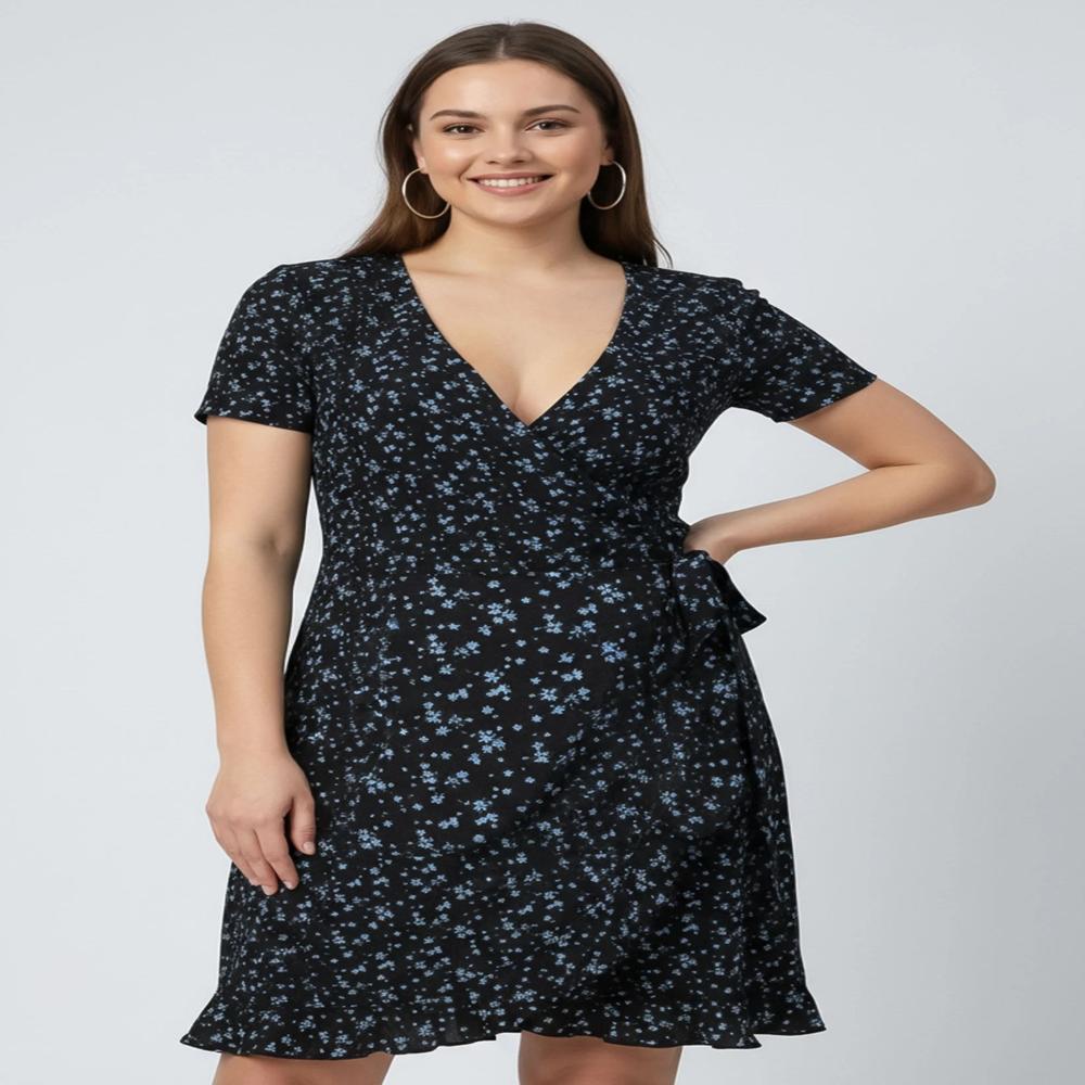 W13666 | Jennyfer Ladies Floral Print Mini Wrap Dress - Color: Fuchsia & Navy