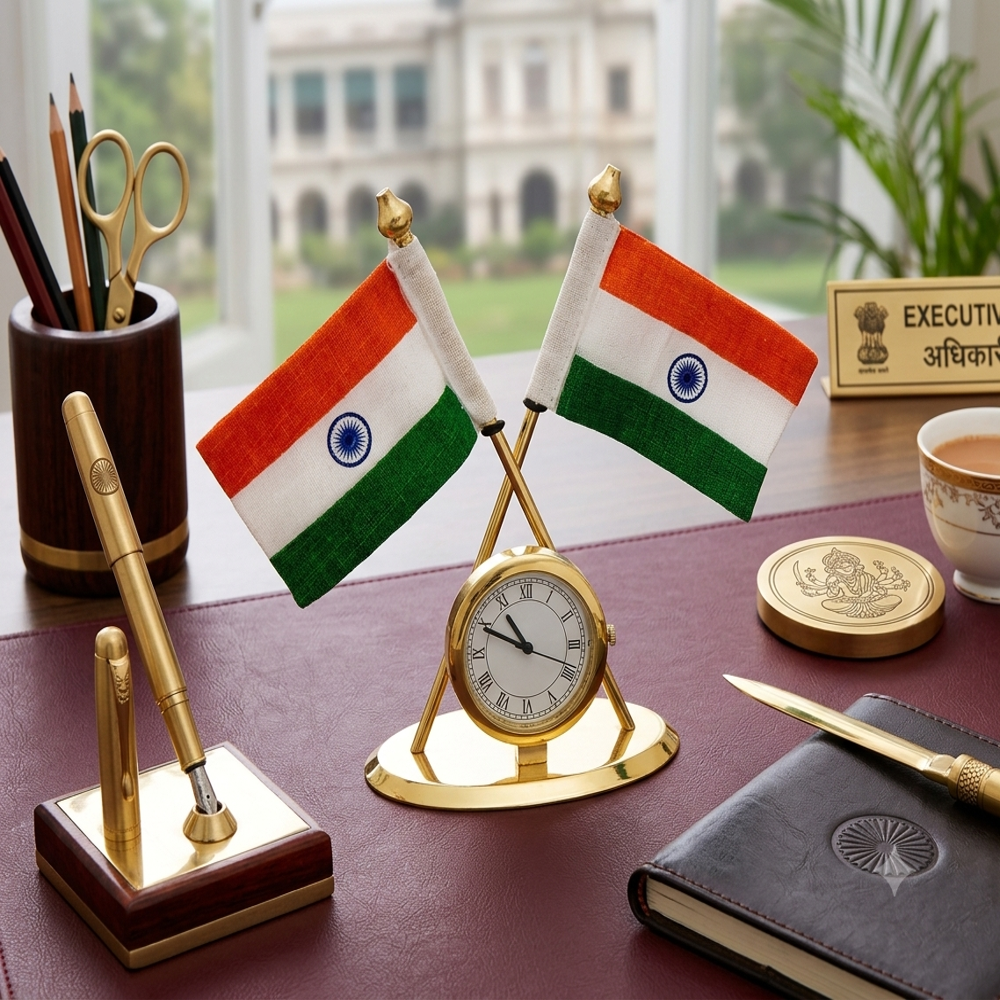 Cross Tabletop Flag With Clock - Color: Multicolour