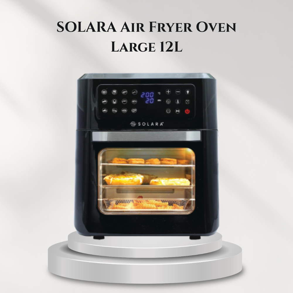 Solara Air Fryer Oven Large 12L - Food-Grade Plastic and Metal, 38x33x37 cm, Black | 12-in-1 Preset Functions, Rapid Air Technology, Child Lock, Transparent Glass Door