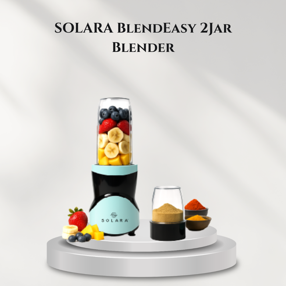 Solara 2 Jar Blender - ABS Plastic & Stainless Steel, Compact Black & Mint Blue, 350W Motor, 500ml + 200ml Jars, Pulse Function