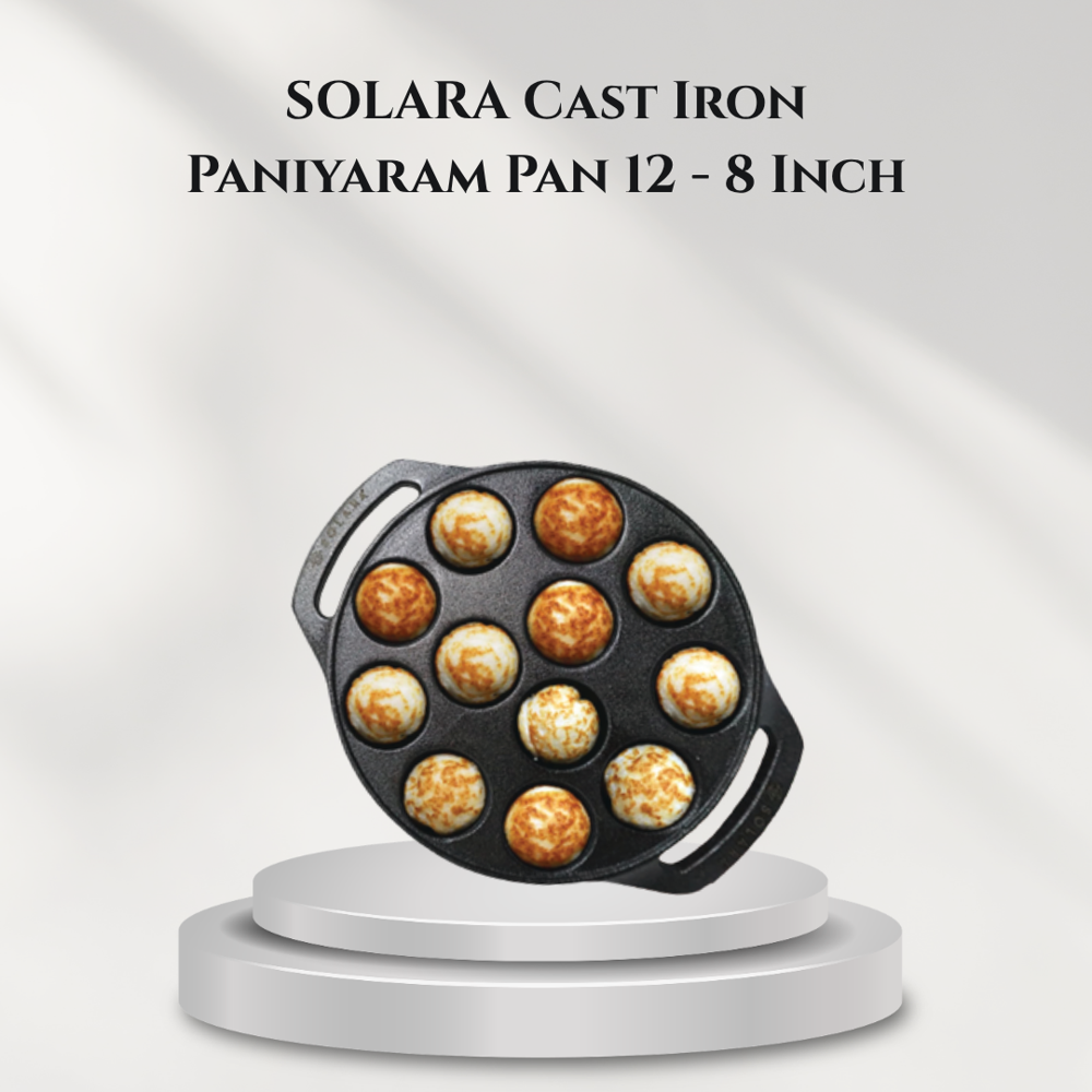 Solara Cast Iron Paniyaram - Cast Iron 8 Inch Black, Pre-Seasoned, Dual Easy-Grip Handles, Multi-Heat Compatible