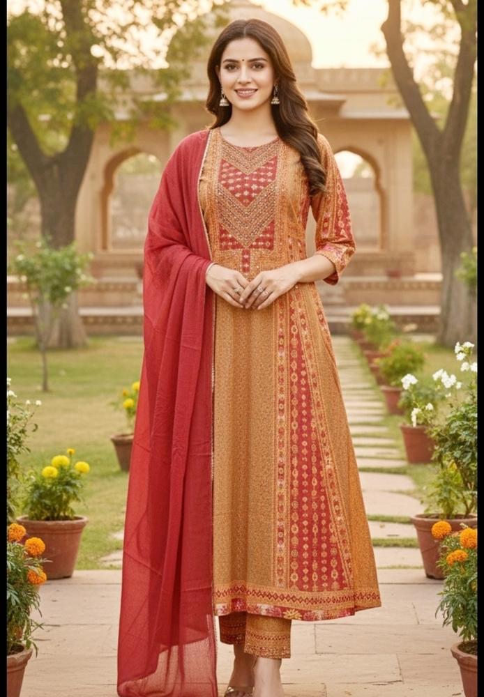 Elegant Cotton Panel Print A-Line Anarkali Suit Set with Hand-Embroidered Neck