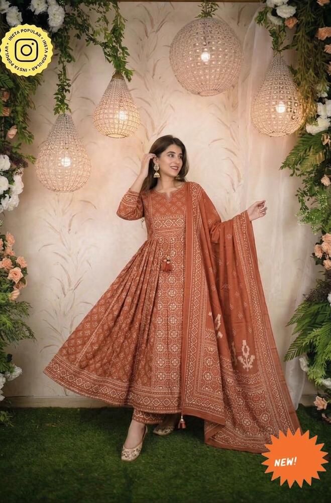 Classic Pure Cotton 60-60 Geometric Ethnic Print Anarkali Suit Set