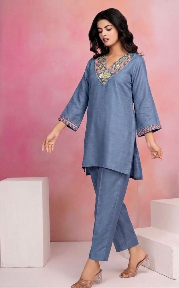 Luxury Roman Silk Blend Embroidered V-Neck Ethnic Co-ord Set