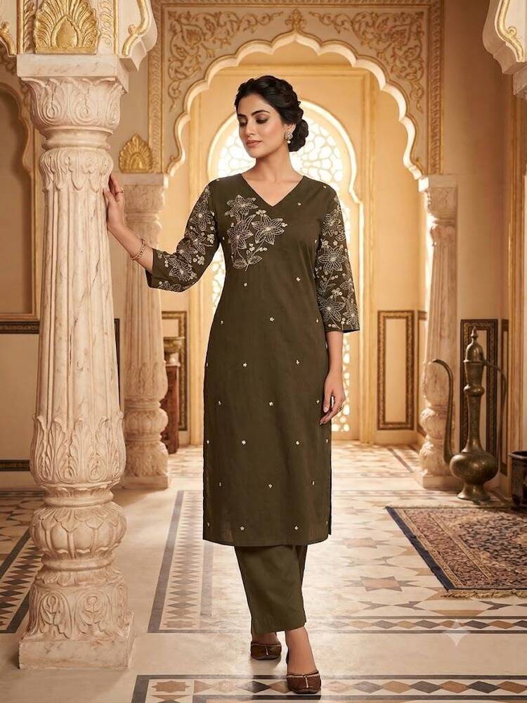 Artisan Dhabu Cotton Embroidered Straight Kurta with Pocket-Plazo Set