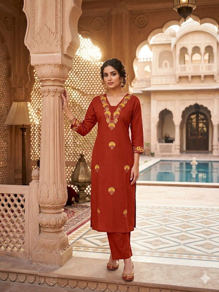 Premium Dhabu Cotton Floral Embroidered Straight Kurta & Plazo Set