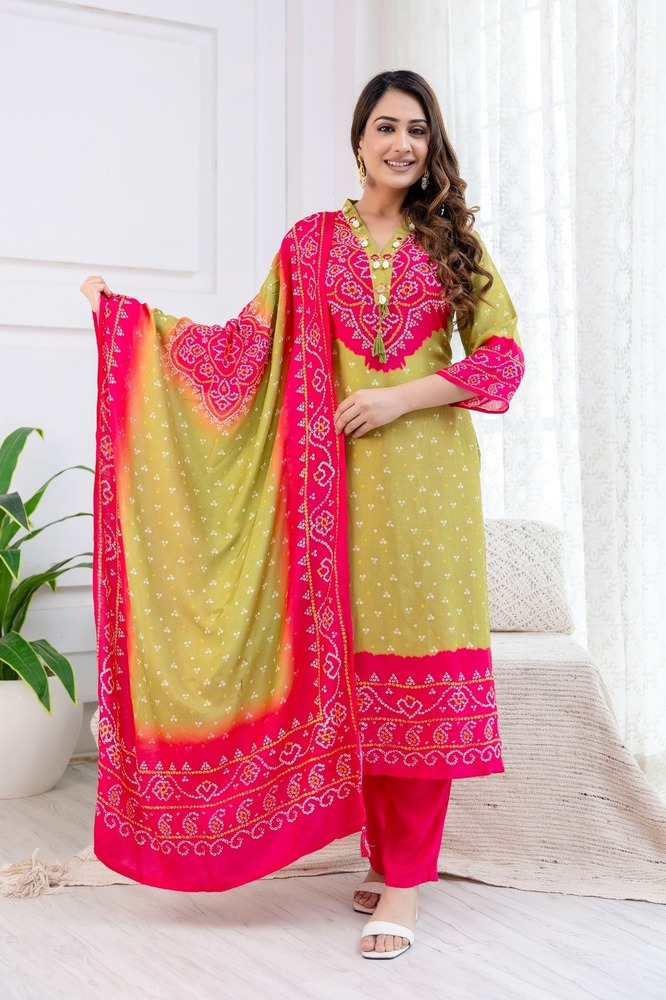 Traditional Muslin Lehariya and Bandhani Fusion Anarkali Gown with Lining