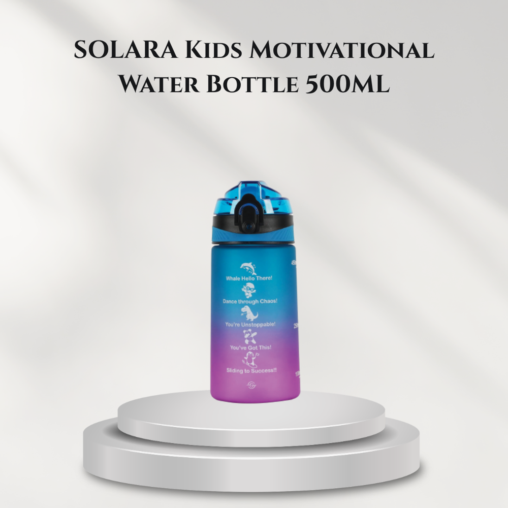 Solara Kids Motivational Water Bottle - BPA-Free Tritan Plastic, 500ml, Ocean Blue to Pink Gradient | Leak-Proof Flip-Top Lid, Motivational Time Markers, Whale Theme Messages, Integrated Carry Strap