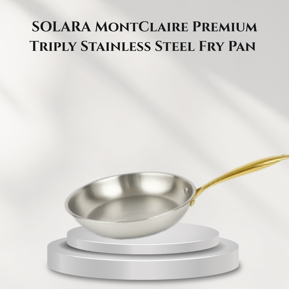 Solara TriPly Bottom SS Frying Pan - Stainless Steel, Standard Size, Silver with Gold-Tone Handle | TriPly Bottom, Oven and Dishwasher Safe