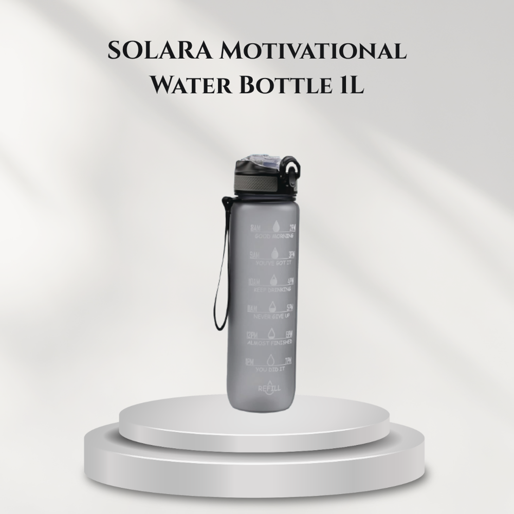 Solara Motivational Water Bottle 1L - Tritan Plastic, 1 Liter, Smoky Black, Flip-Top Lid with Lock, Wrist Strap Included