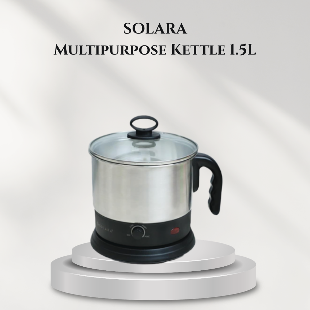 Solara Multipurpose Kettle 1.5L - Stainless Steel Body 1.5L Glass Lid | Auto Shutoff Boil-Dry Protection Rotary Knob Control