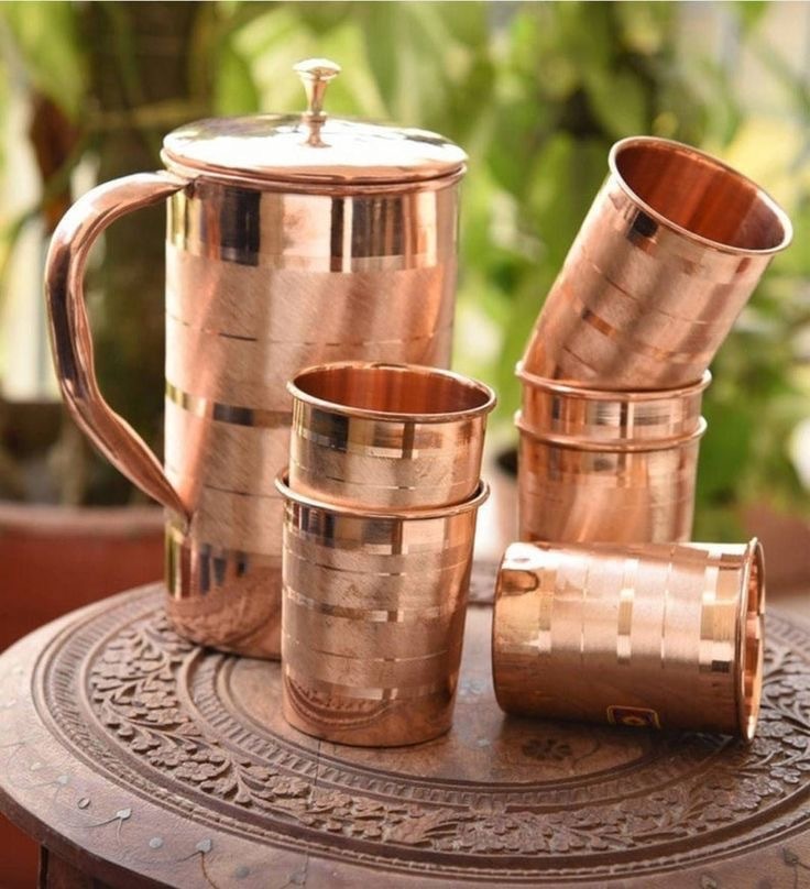 Copper Glass Jug Set - Diameter: Jug: 12 Cm Approx.