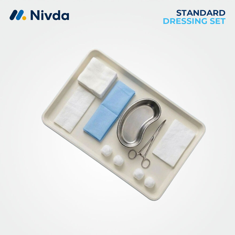 Surgical Standard Dressing Pack - Cotton, Stainless Steel, Non-woven, Standard Tray Size, White & Blue, Sterile Disposable, Ready-to-use