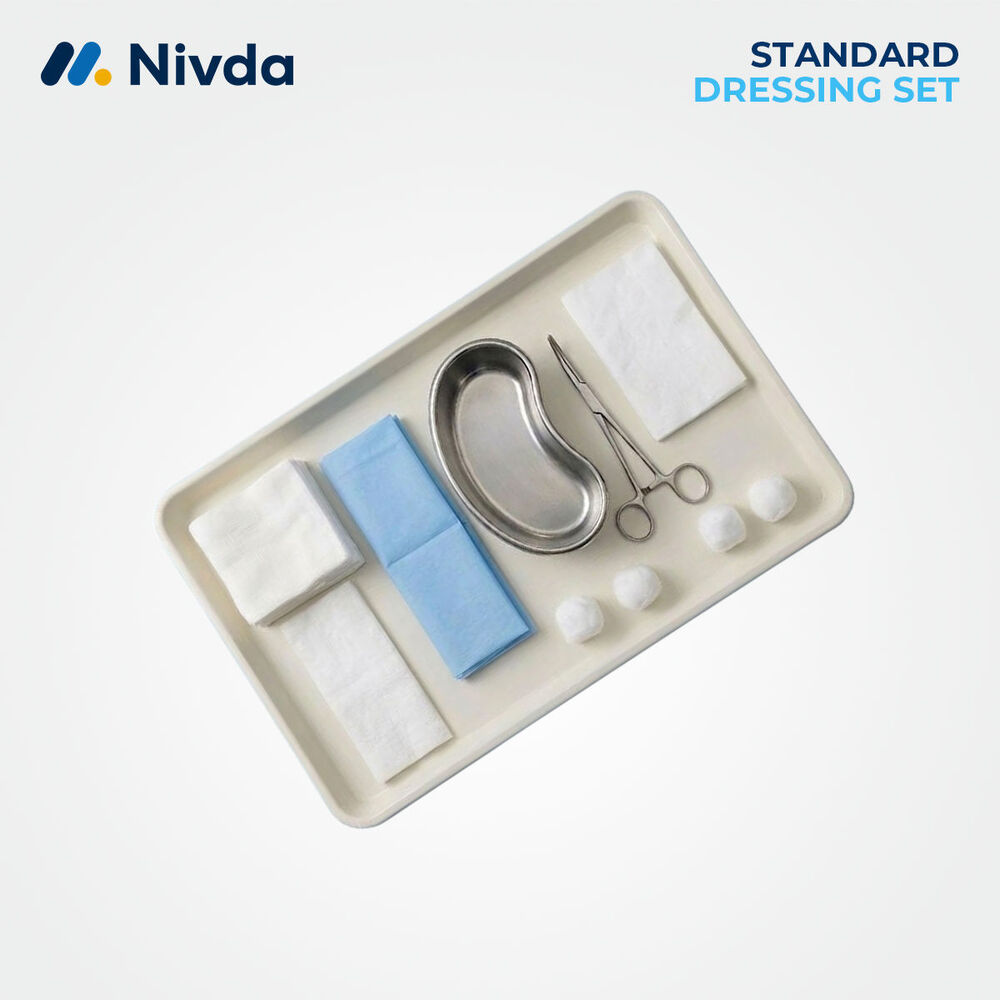 Surgical Standard Dressing Pack - Cotton, Stainless Steel, Non-woven, Standard Tray Size, White & Blue, Sterile Disposable, Ready-to-use