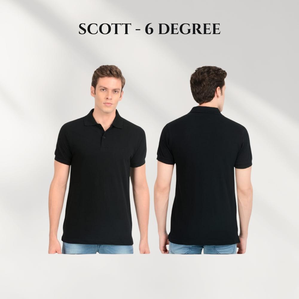 Scott 6 Degree T-Shirts - Medium Weight Cotton, Black, Multiple Sizes | Collared Neck, Button Placket, Half Sleeves, Regular Fit