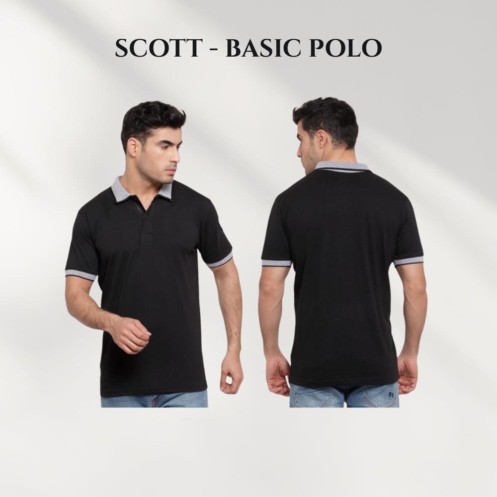 Scott Basic Polo T-Shirts - Cotton Polyester Blend, Black with Grey Contrast Collar and Cuffs, Regular Fit