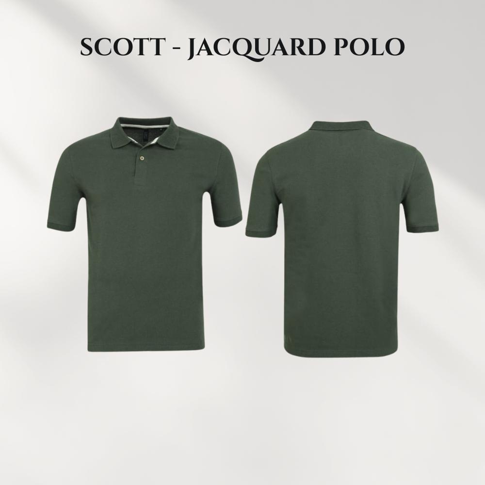Scott Jacquard Polo T-shirts - Cotton Jacquard, Olive Green, Regular Fit, Mild Stretch, Button Placket