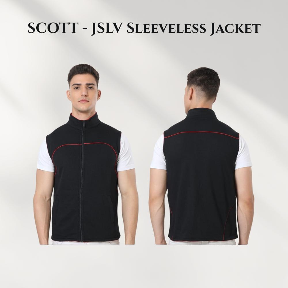 Scott Sleeveless Jacket - Fleece/Cotton Blend, Medium Chest 38", Black with Red Piping | Machine-Stitched, Lightweight, Breathable Mock Neck