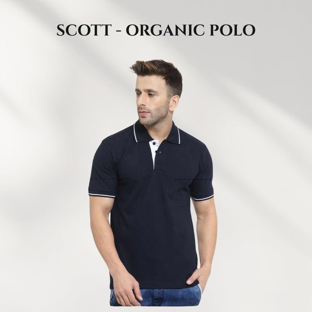 Scott Organic Polo T-Shirt - 100% Organic Cotton, Navy Blue, Regular Fit, Moisture-Wicking