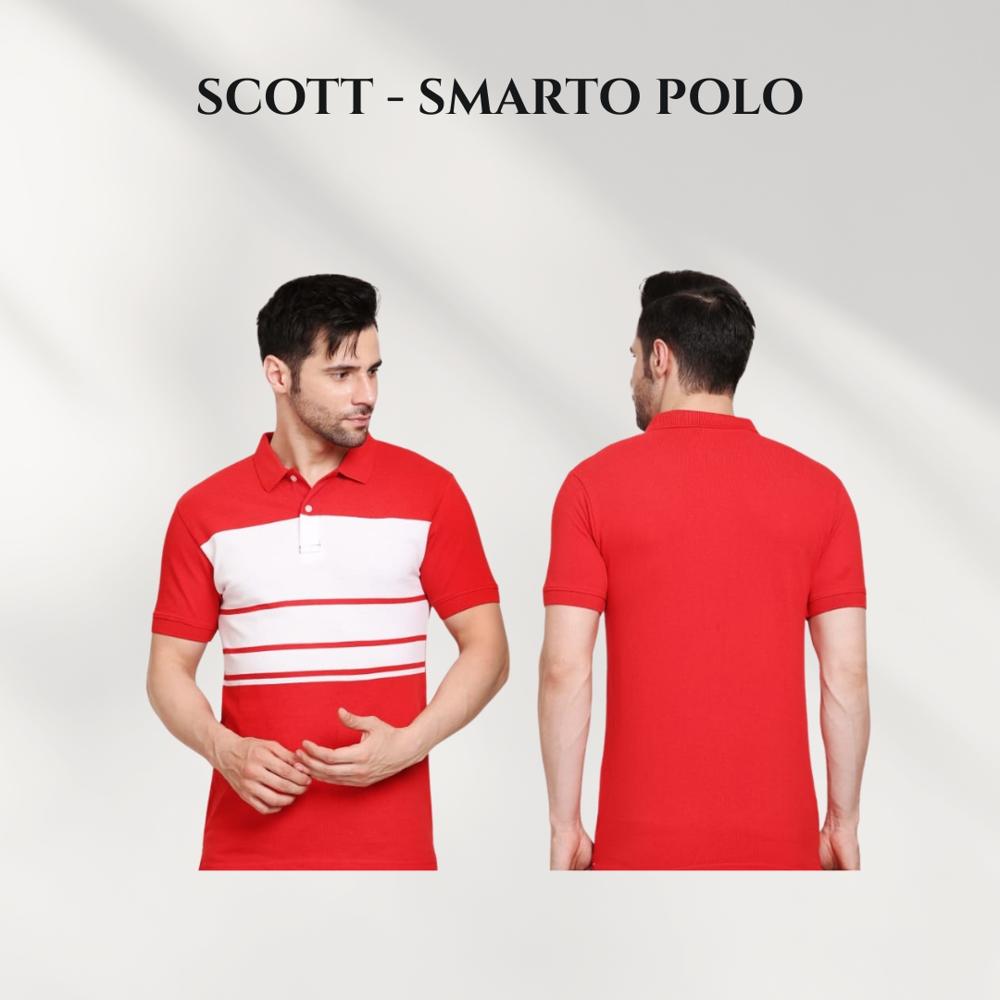 Smarto Polo T-shirts - Cotton Blend, S to XXL, Red with White Stripes | Machine Knitted, Double Stitched Hems, Breathable