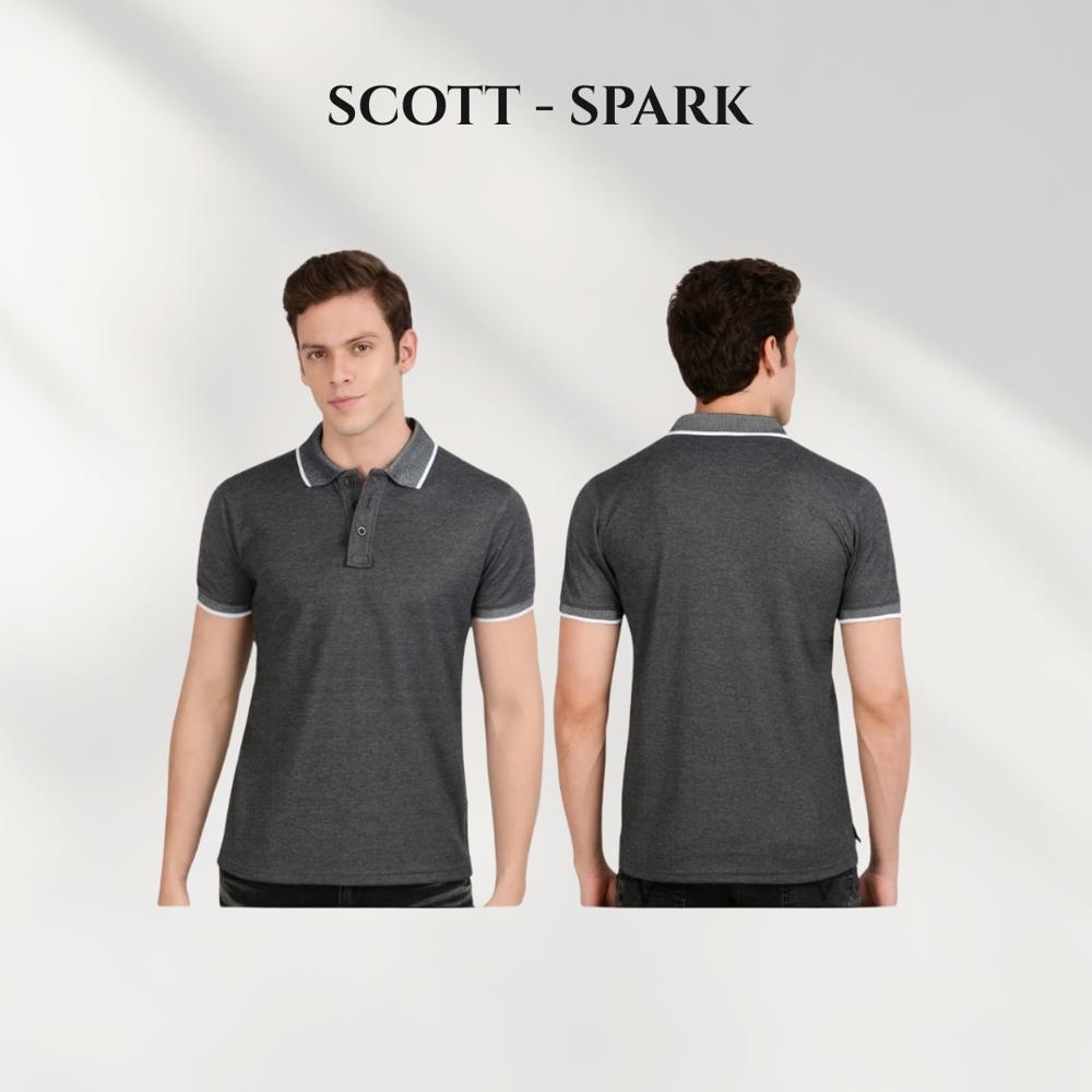 Scott Spark T-Shirts - Cotton Blend, S-XL, Dark Grey with White Trim | Collared Neck, Button Placket, Contrast Tipping