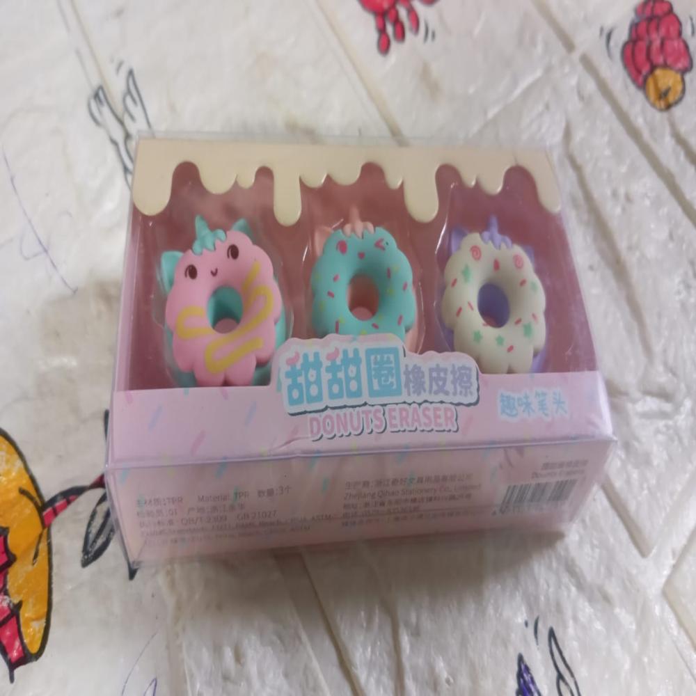 Tree Small Sized Cartoon Themed Non-Toxic Donut Erasers, School Stationery (3pc Set)