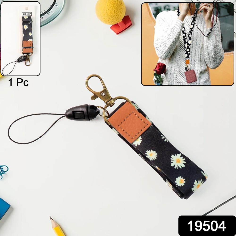 Floral Print Neck Lanyard Strap With Clip Hook & Mobile String (1 Pc) - Soft Polyester Fabric, 45 Cm, Multicolor | Lightweight, Detachable Safety Buckle, Metal Swivel Hook