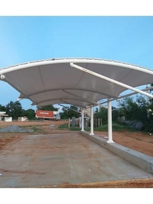 Ms Tensile Structure Car Parks Coated - Mild Steel Frame Customized Size White PVDF 900 GSM Fabric Epoxy Painted Weatherproof UV Resistant