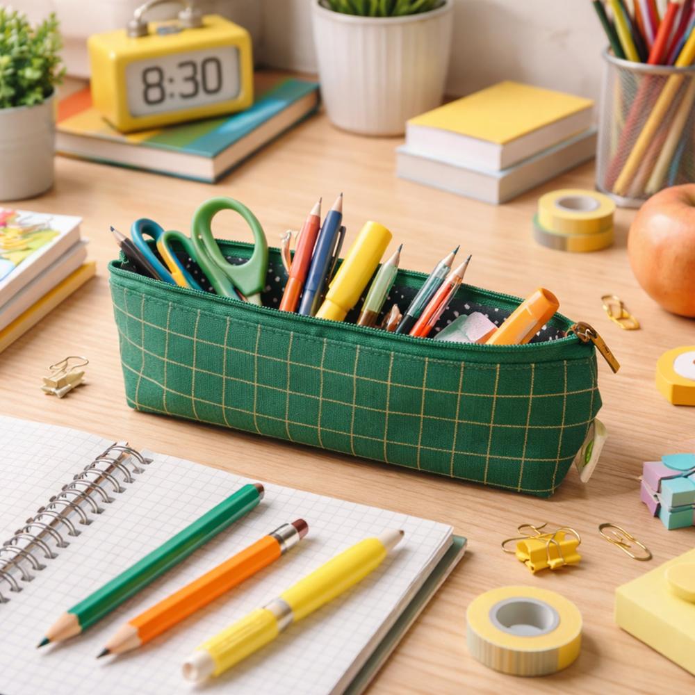 Premium Green Grid Printed Zipper Pencil Pouch Organizer (1 Pc)