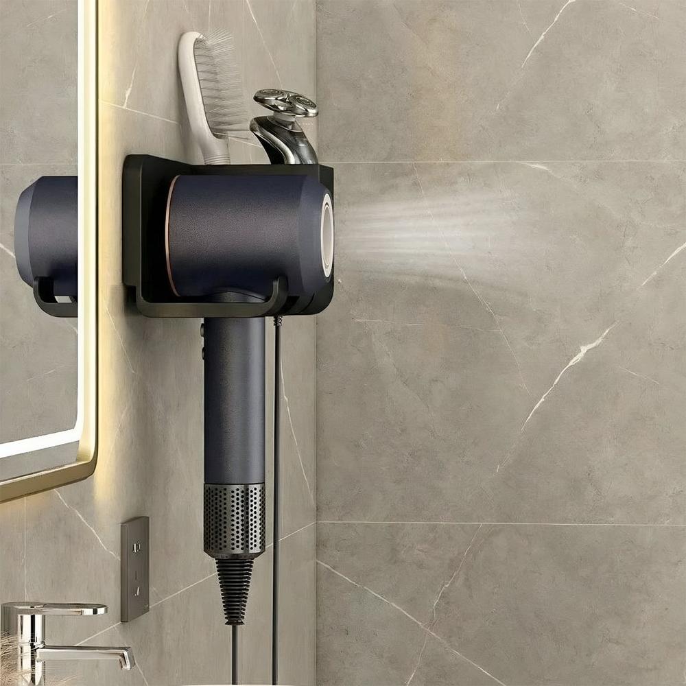 Wall Mounted Hair Dryer Holder with Multipurpose Organizer Shelf and Hook