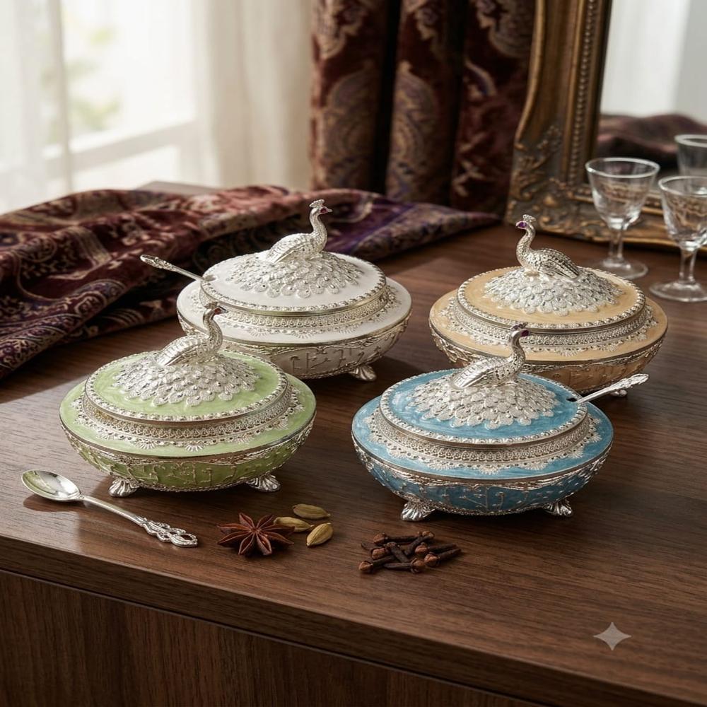 999 Premium German Silver Sugar Pot Set of 4 with Peacock Lids and Spoons