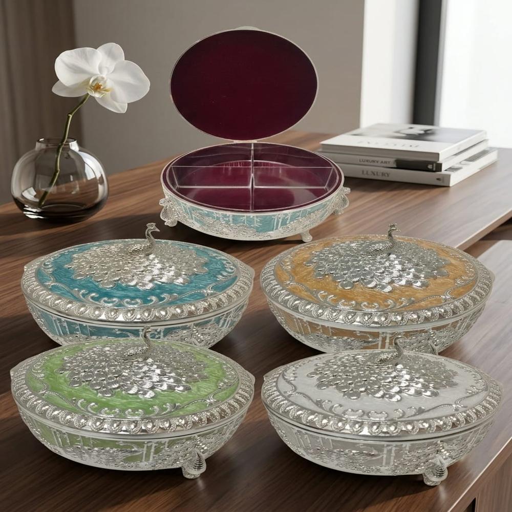999 Premium German Silver Peacock Dry Fruit Box with Compartments
