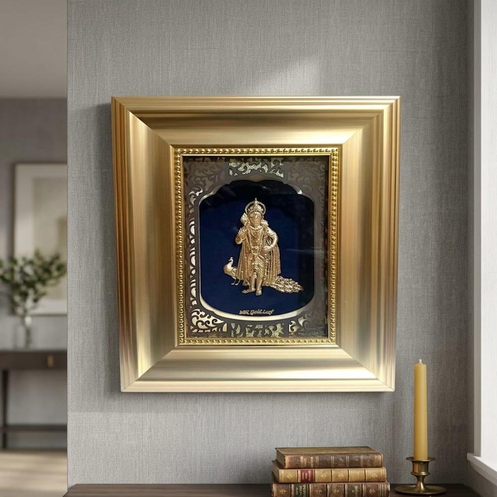 Premium 24K Gold Leaf Lord Murugan Frame with Peacock - 50x45 cm, Gold Leaf & Velvet, Glass Protected