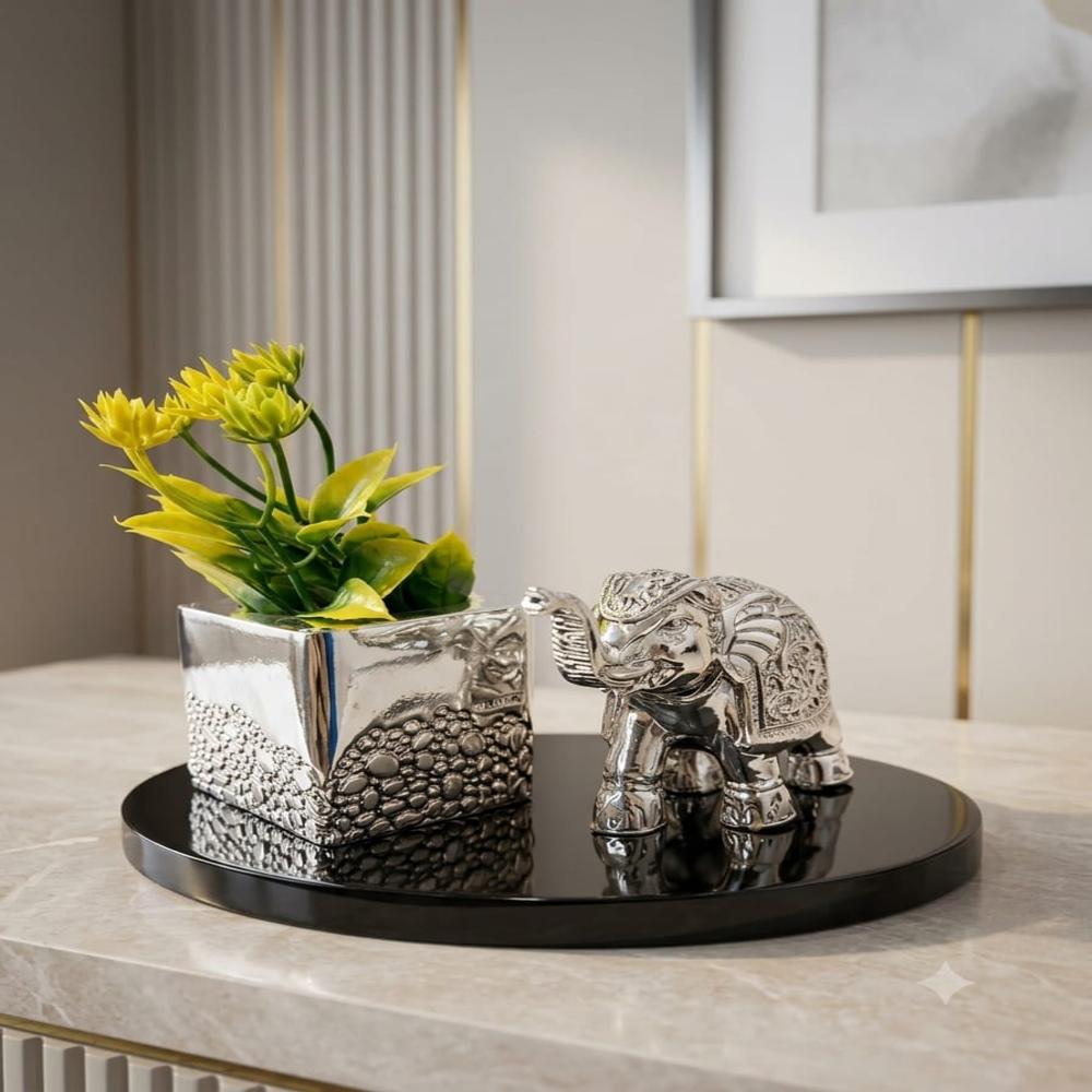 Premium Silver Plated Trunk Up Elephant Figurine with Planter Pot Set - Alloy Metal, 20x14x15 cm, Silver, Tarnish-Resistant, High-Gloss Mirror Finish