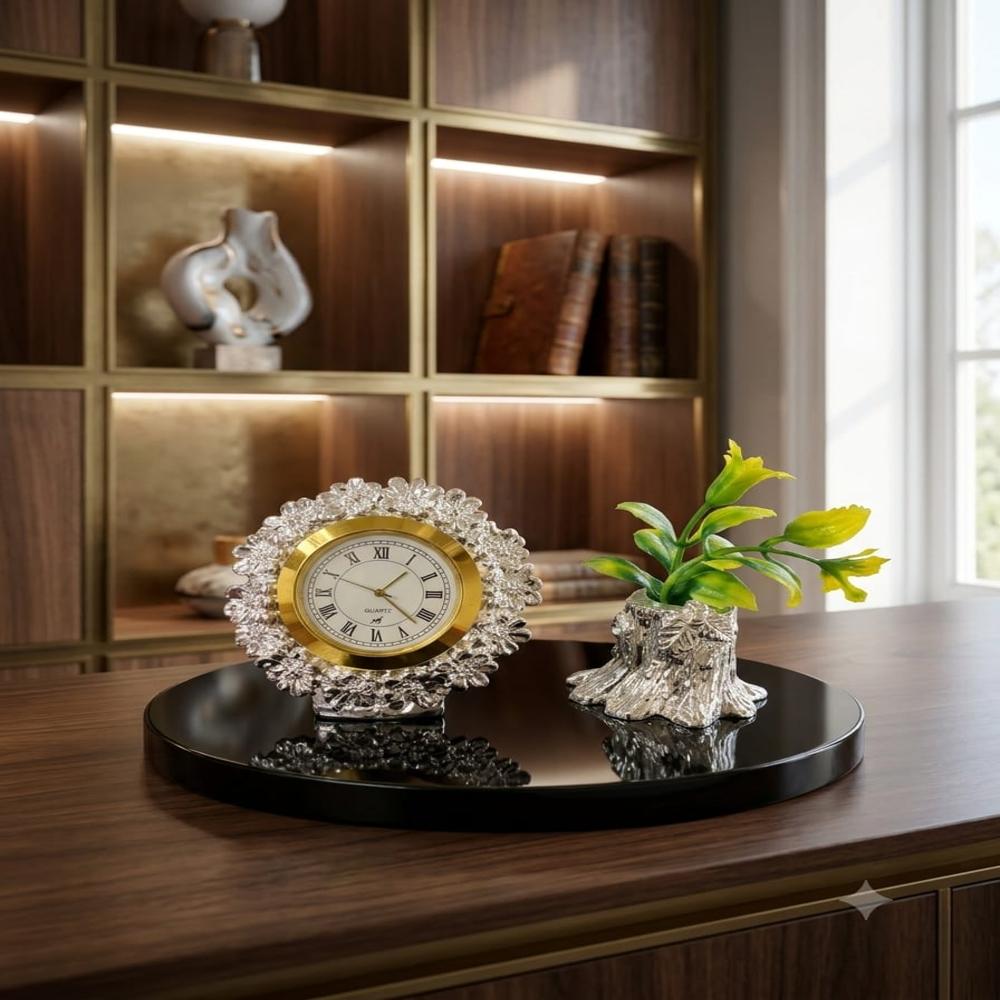 999 Premium Silver Plated Table Clock with Tree Trunk Planter Set