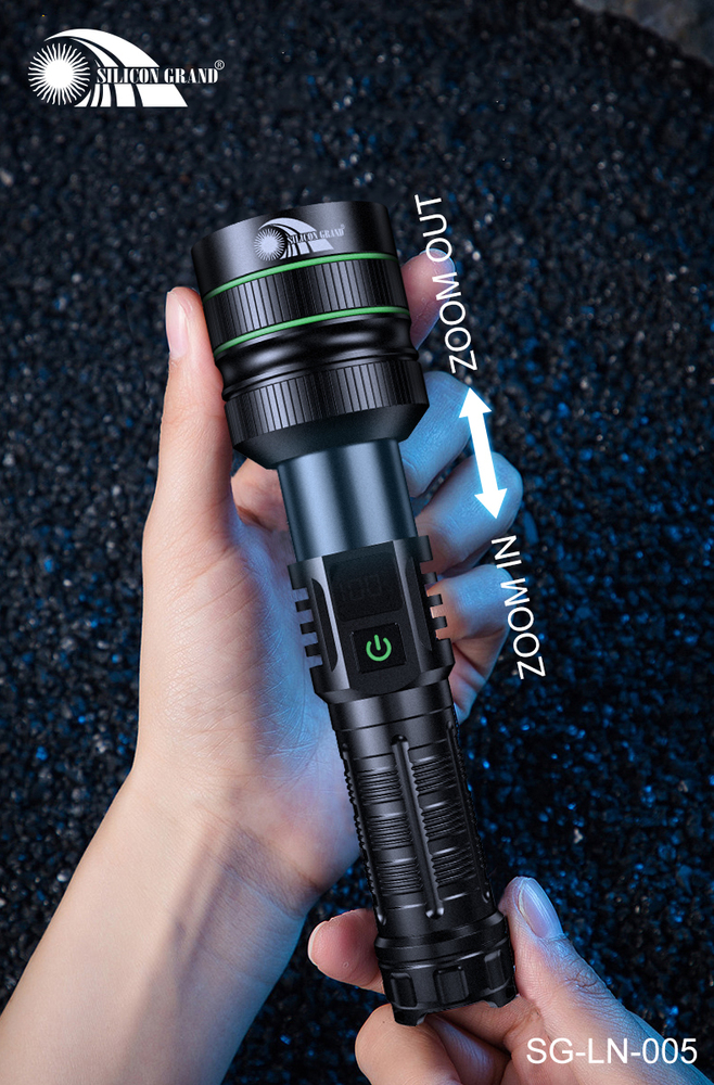 SG LN 002 Hand Held LED Flash Light - Aluminium Alloy, Compact Cylindrical, Matte Black with Red Accent | 3-Mode Switch, Li-ion Rechargeable, Textured Anti-Slip Grip