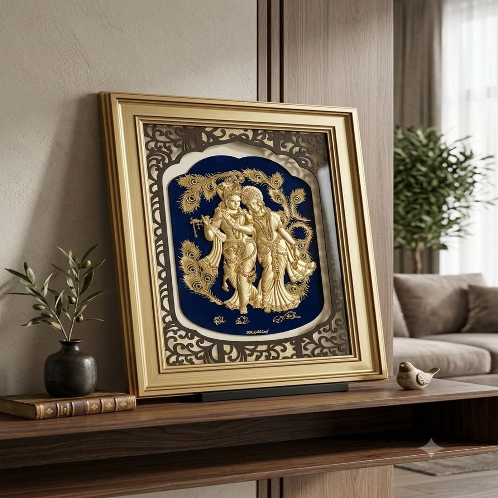 Premium 24k Gold Leaf Radha Krishna Wall Art Frame - 18x16x2 Inches, Gold Leaf On Wood, Deep Blue Background, Lustrous Matte-gloss Finish