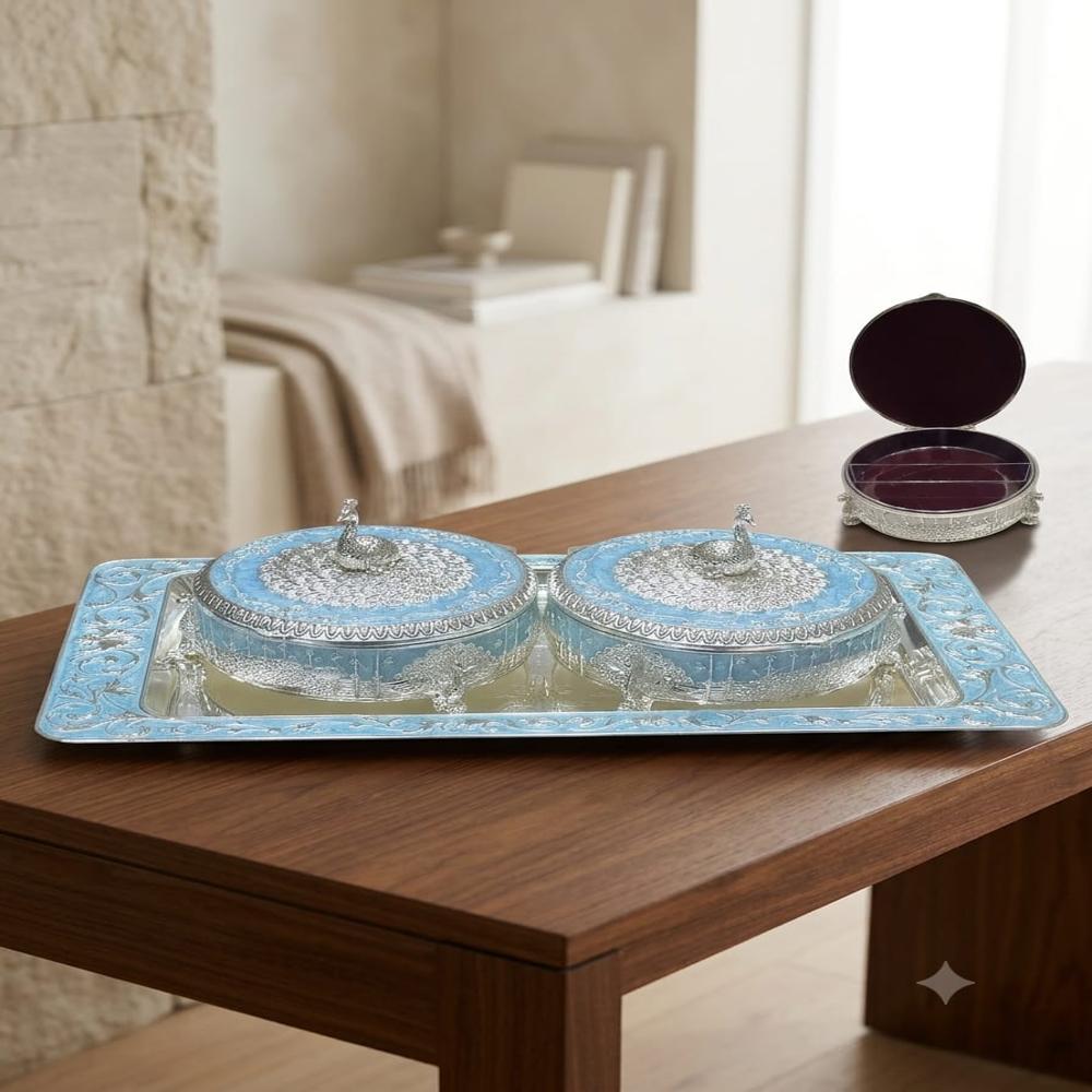 Premium Silver Plated Peacock Design Serving Set with Tray
