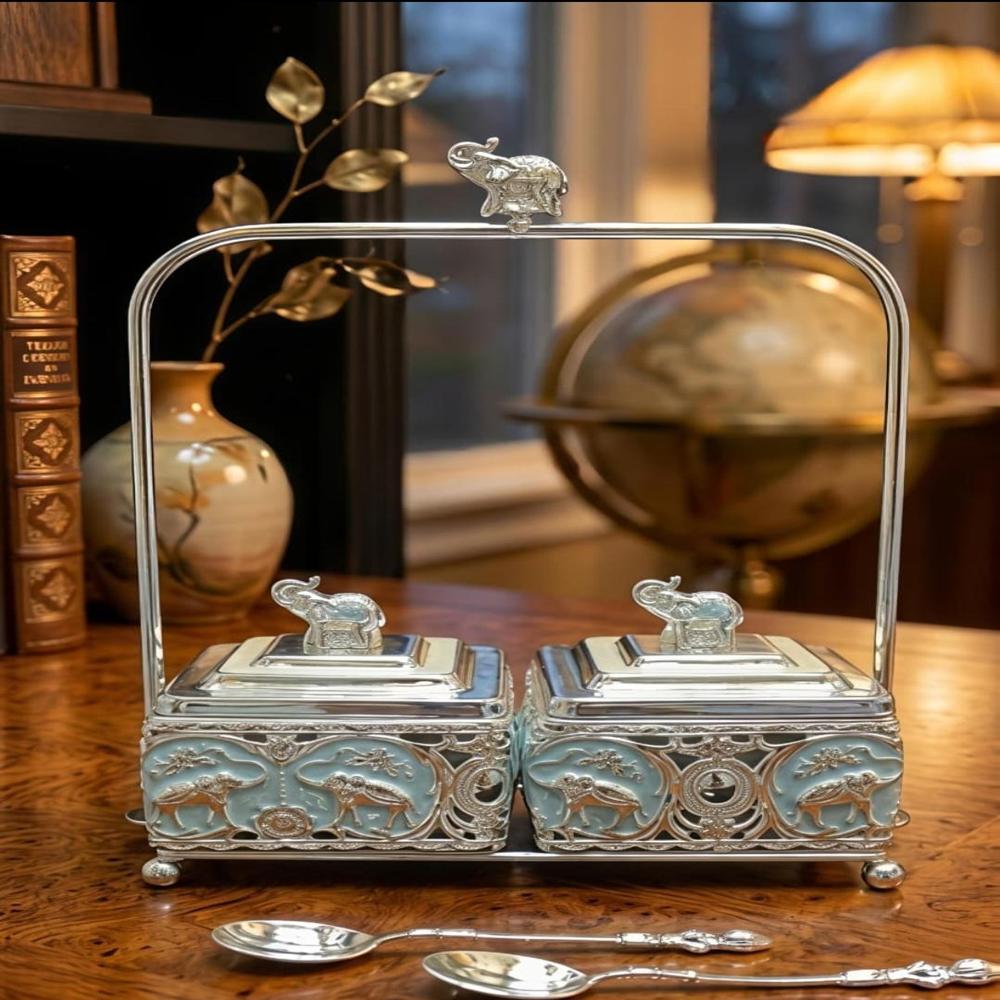 999 Pure Silver Elephant Decorative Dry Fruit Box with Stand