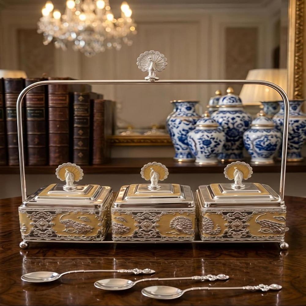 999 Silver Peacock Triple Dry Fruit Serving Set - Handcrafted 30x15x28cm Fine Silver, Embossed Peacock Motifs, Integrated Handle