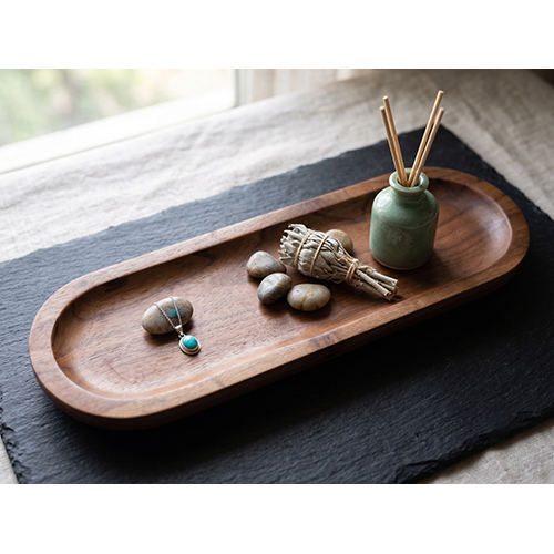 (L-5.5 x W-17.5 x H-1 inch) Wooden Tray Round Edge With Natural Finish Walnut