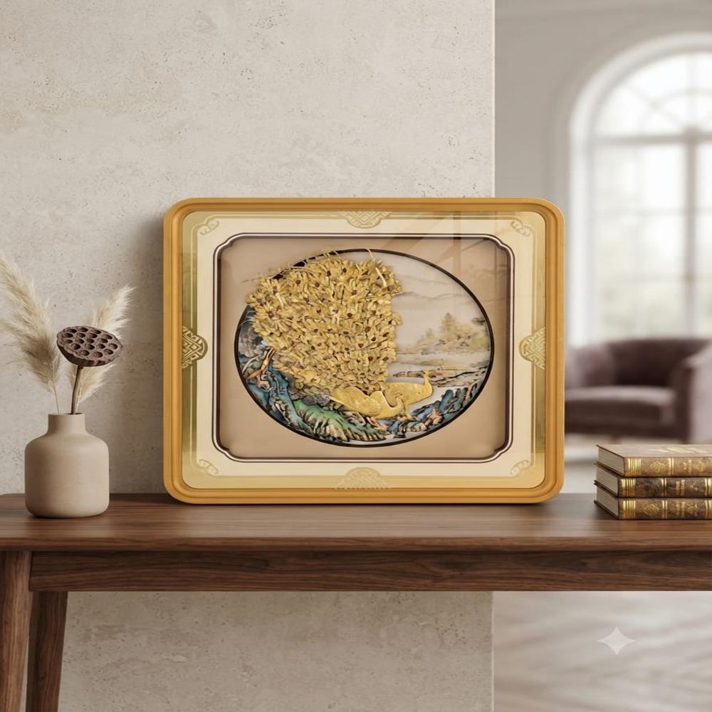 24 KT Gold Peacock Art Frame - 40x40x5 cm Wood, Gold Foil, 3D Embossed, Multicolor Background