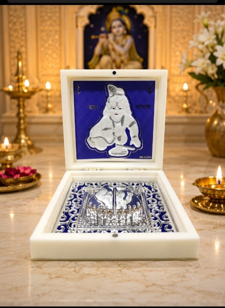 9999 Bal Gopal Silver Blessing Decorative Puja Box - 999 Fine Silver, 14x14x4 cm, Silver with Blue-White Casing | Handcrafted, Glossy Finish, Flip-Top Lock, Bal Gopal Diorama