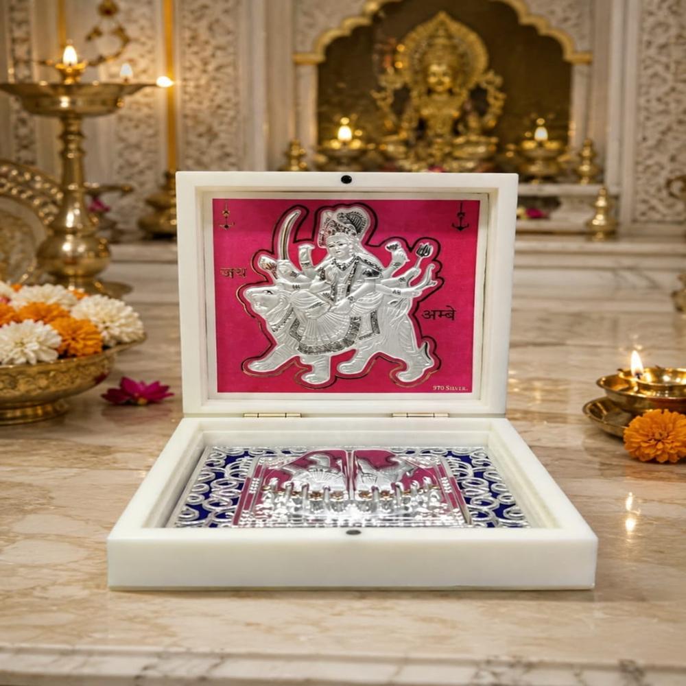999 Maa Durga Silver Blessing Decorative Puja Box - 999 Silver, 7x7x2 Inches, White Glossy Box | Handcrafted Embossed Idol, Anti-Tarnish Finish