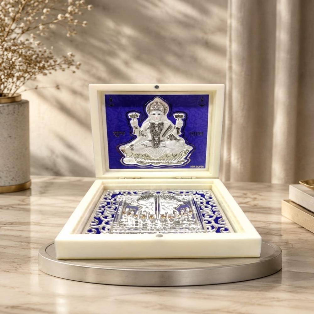 999 Silver Laxmiji Puja Box - 15x15x5 cm, Blue Velvet Lining | Handcrafted Engraved Motif, Durable Flip-Top Lid