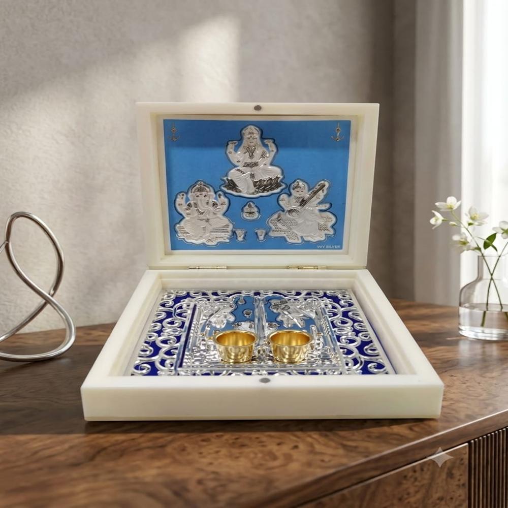999 Silver Puja Box - 18x18x5 cm, Blue Enamel, Gold-Plated Diya Holders, Embossed Lakshmi Ganesha Saraswati