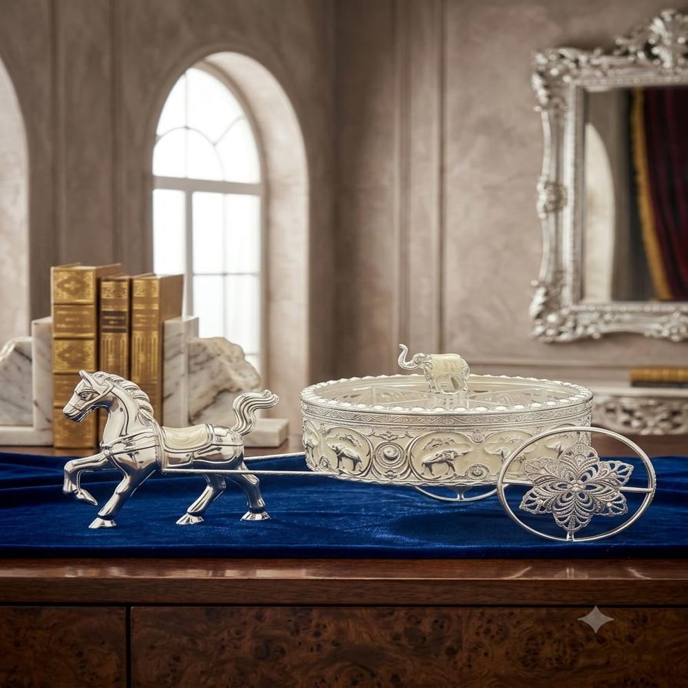 German Silver Plated Dry Fruits Chariot - 35x18x20 cm, Silver, Handcrafted Elephant Handle