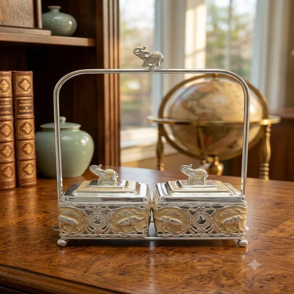 German Silver Plated Dry Fruits Pot Set - Medium 20x15x25 cm, Silver with Golden Accents, Hand-Engraved Elephant Motifs